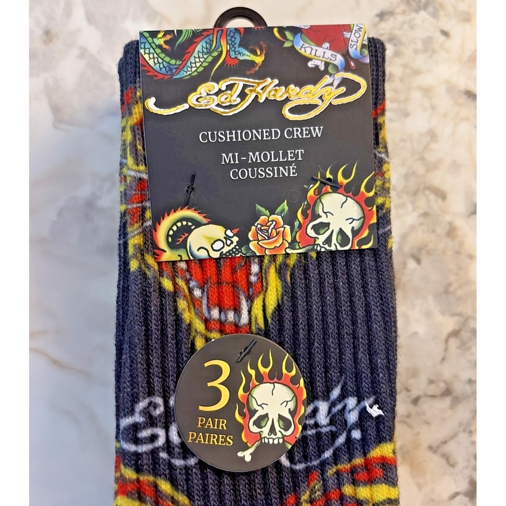 Ed Hardy MI-Mollet Coussine Cushioned Crew Socks in Black - Men's 3 pack